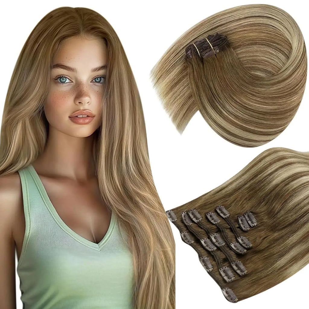 Double Weft Clip Highlighted And Balayage Color Hair Extensions