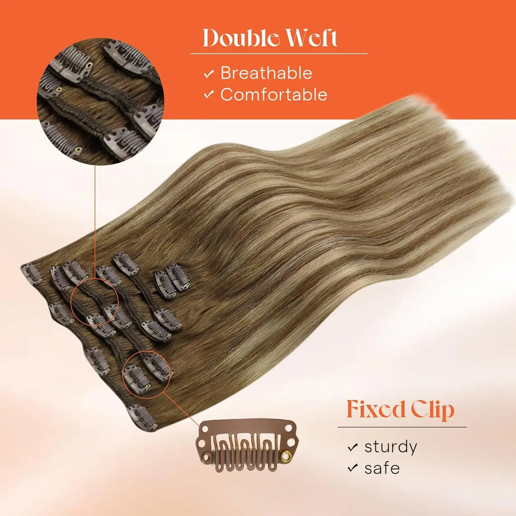 Double Weft Clip Highlighted And Balayage Color Hair Extensions