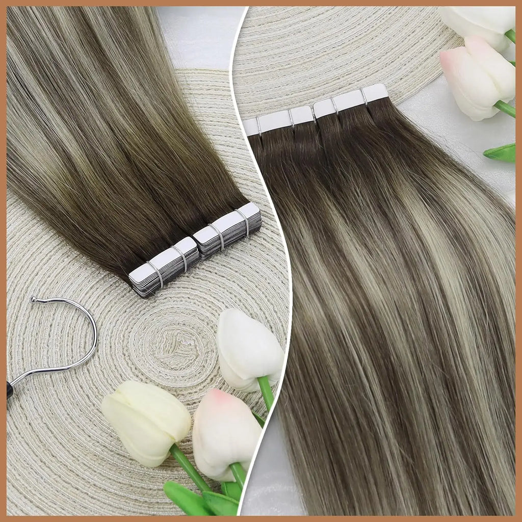 Cool Brown Fading to Ash Brown with Blonde Long Hair Extensions